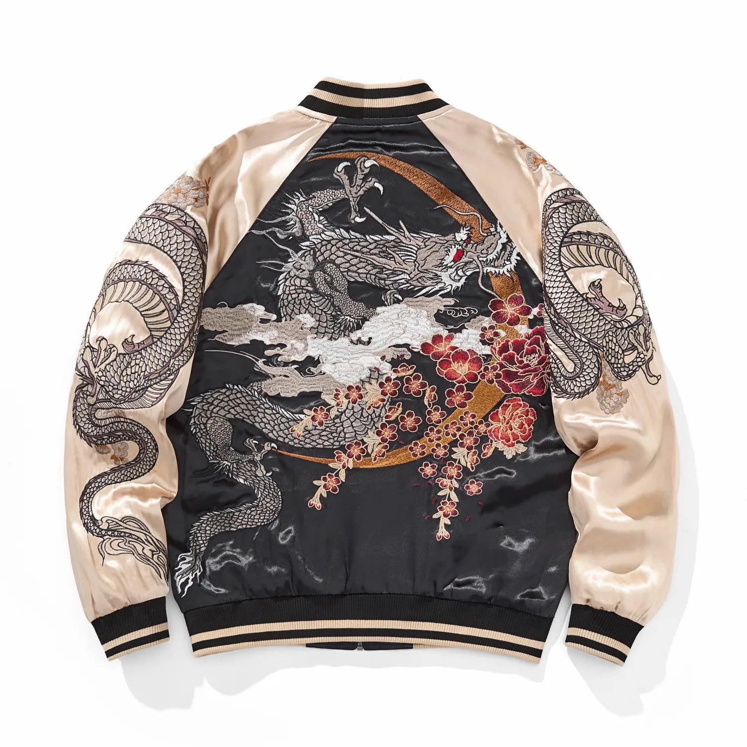 Back view of beige souvenir jacket with large Silver Dragon and red Sakura embroidery.