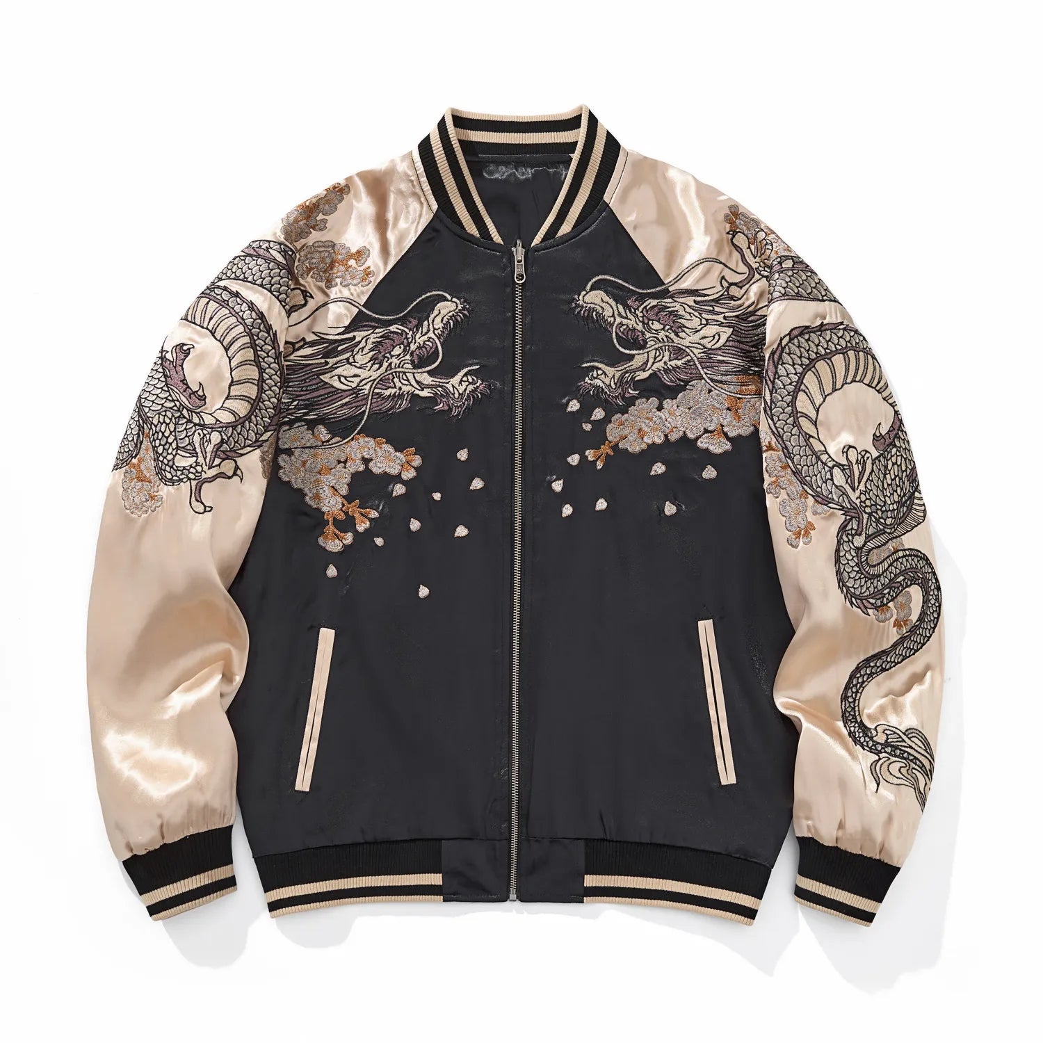 Front view of beige single-sided Sukajan jacket featuring dragon head chest embroidery and scaled dragon body on sleeves.