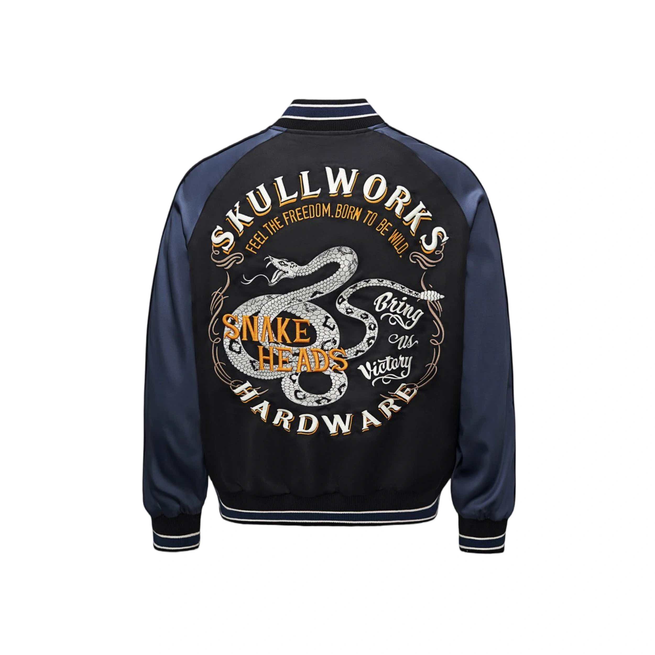 Back view featuring the large Snake Heads embroidery and typography