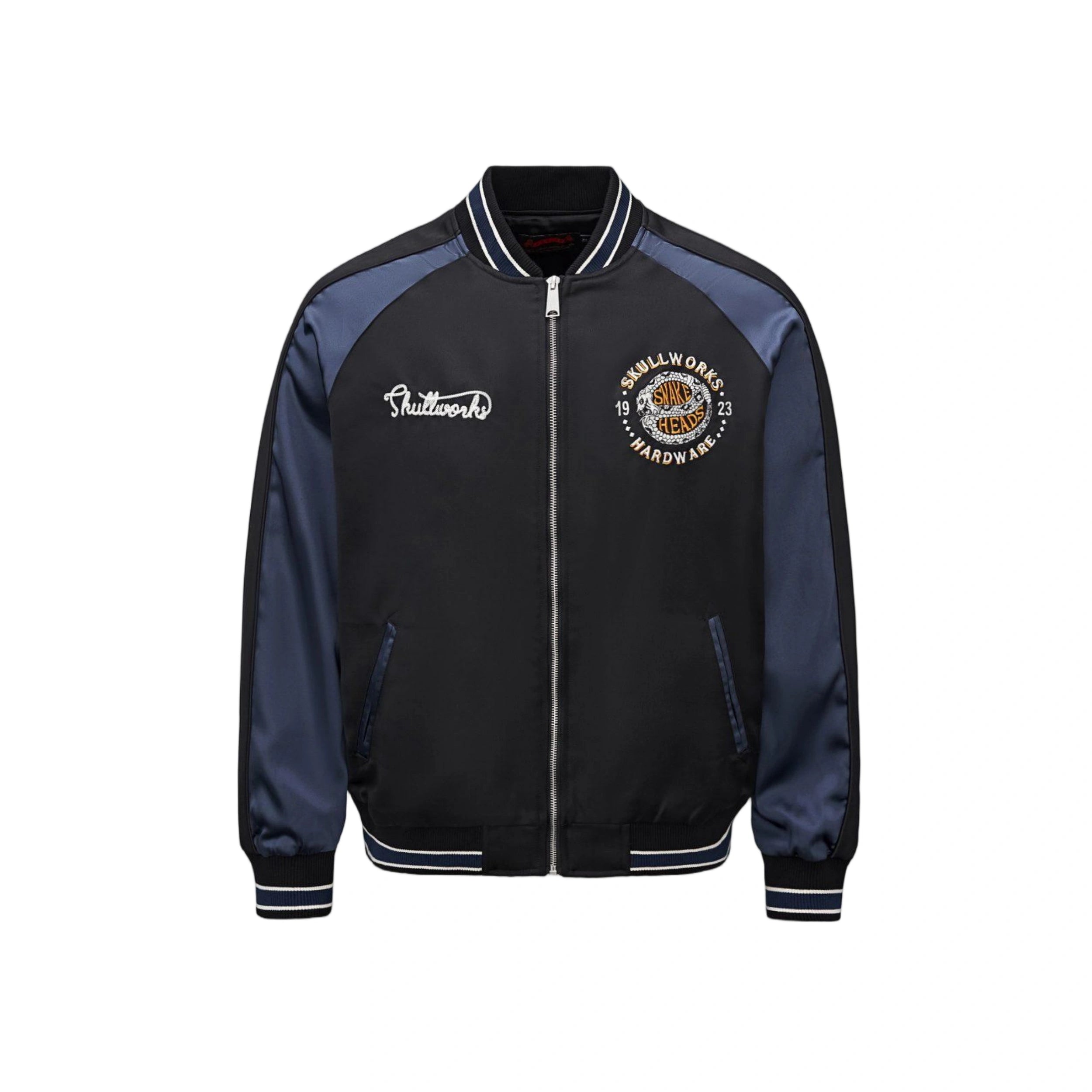 Front view with Skullworks chest crest and raglan satin sleeves