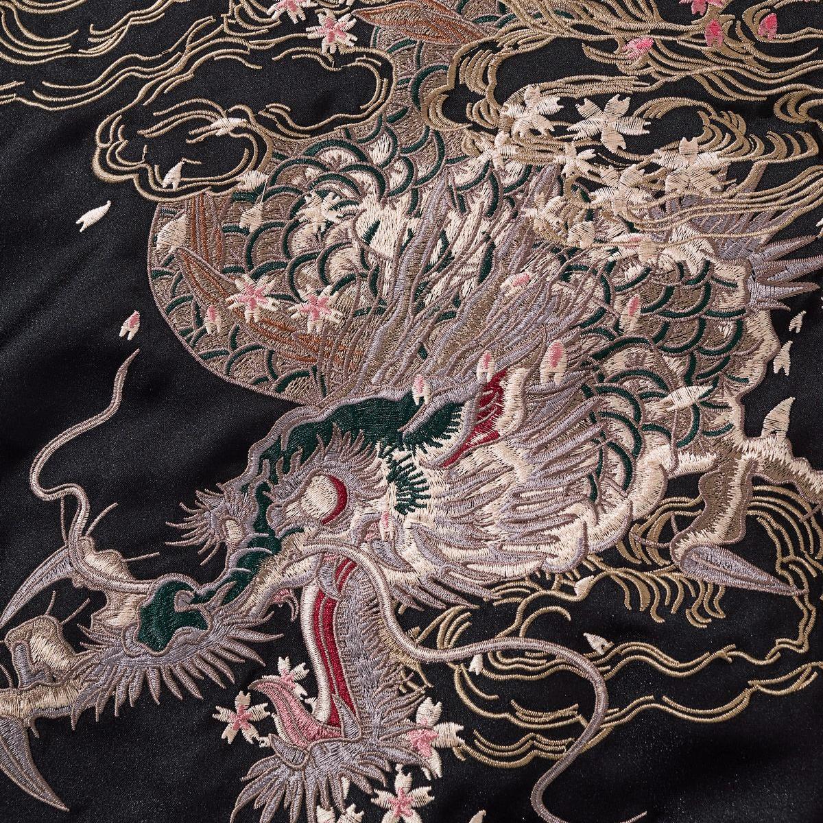 Close-up of storm dragon head embroidery with clouds and sakura