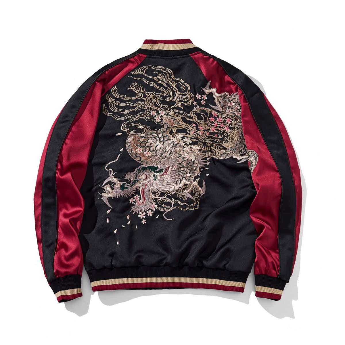 Back view featuring a large storm dragon with swirling clouds and falling petals