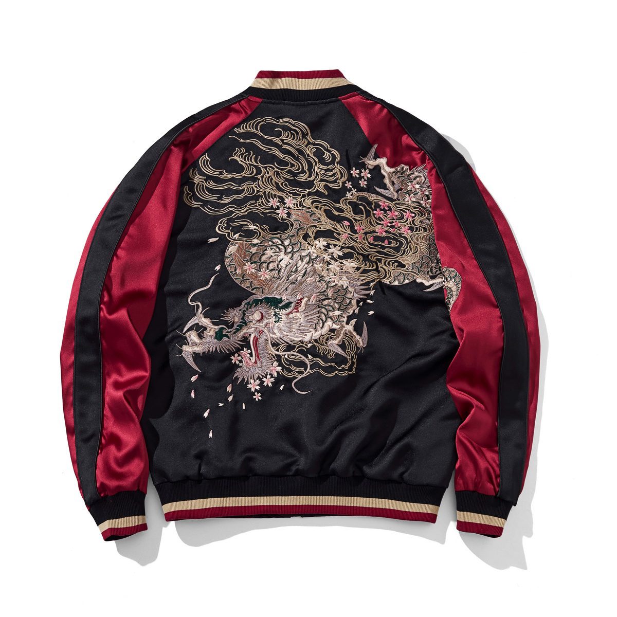 Back view featuring a large storm dragon with swirling clouds and falling petals