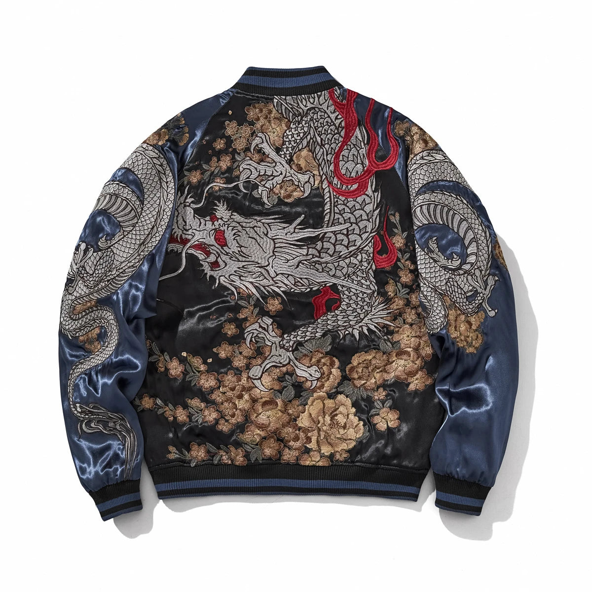 Back view of navy Storm Dragons & Peony sukajan with large silver dragon and peony storm embroidery.