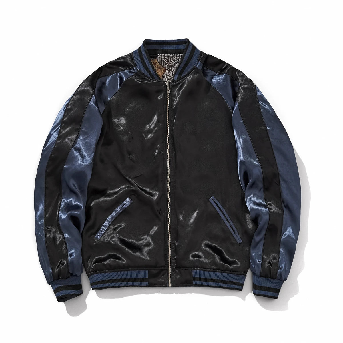 Front view of navy side Storm Dragons & Peony reversible sukajan with black body and navy striped sleeves.