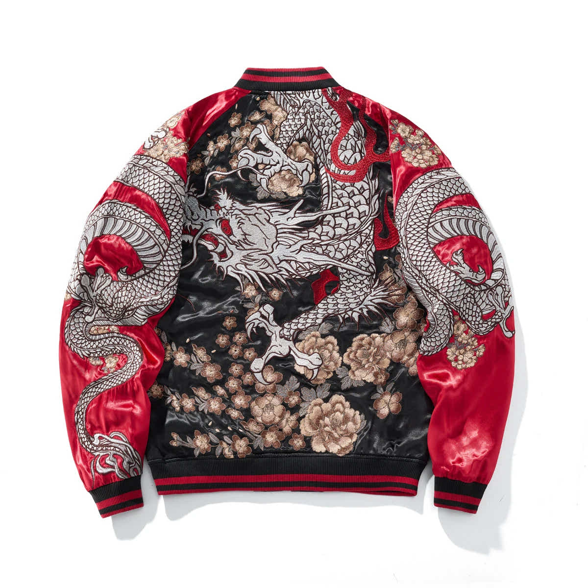 Back view of red Storm Dragons & Peony reversible sukajan with twin silver dragons and peony flowers.