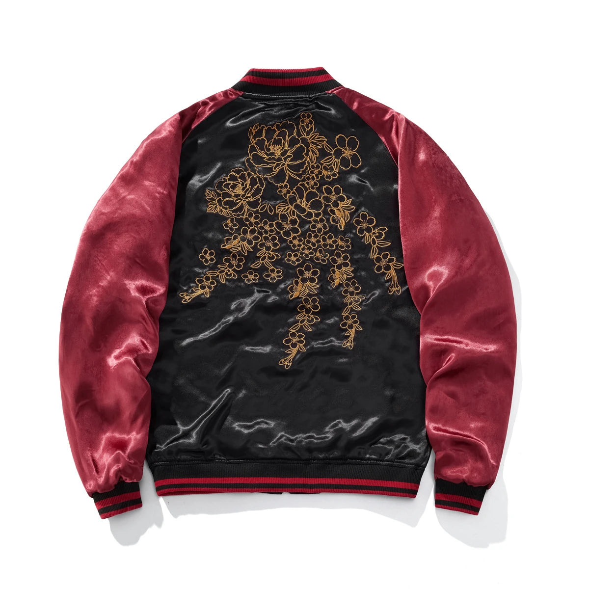 Back view of red side Storm Dragons & Peony sukajan with cascading peony and cherry blossom outline embroidery.