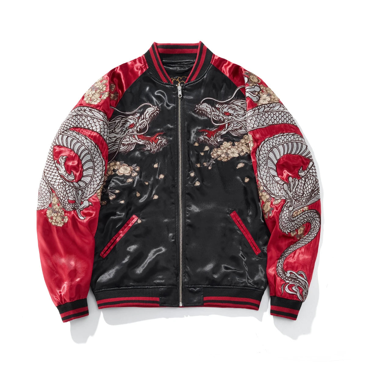 Front view of red Storm Dragons & Peony sukajan with storm dragons on sleeves and peony petals on chest.