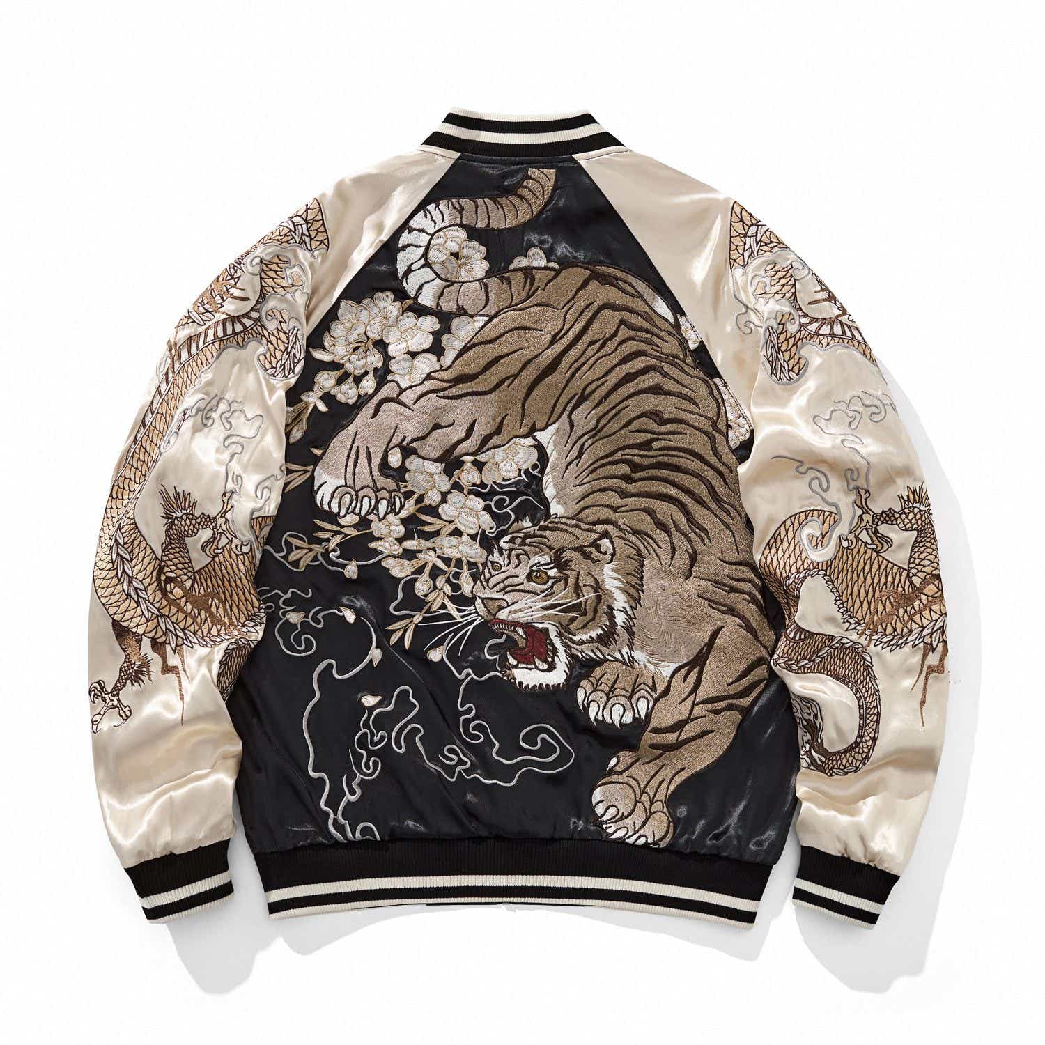 Beige sukajan jacket back view—roaring tiger with blossoms, cloud swirls, and twin dragons on sleeves.