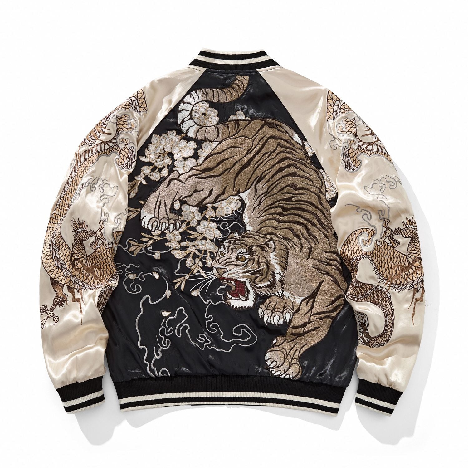 Beige sukajan jacket back view—roaring tiger with blossoms, cloud swirls, and twin dragons on sleeves.