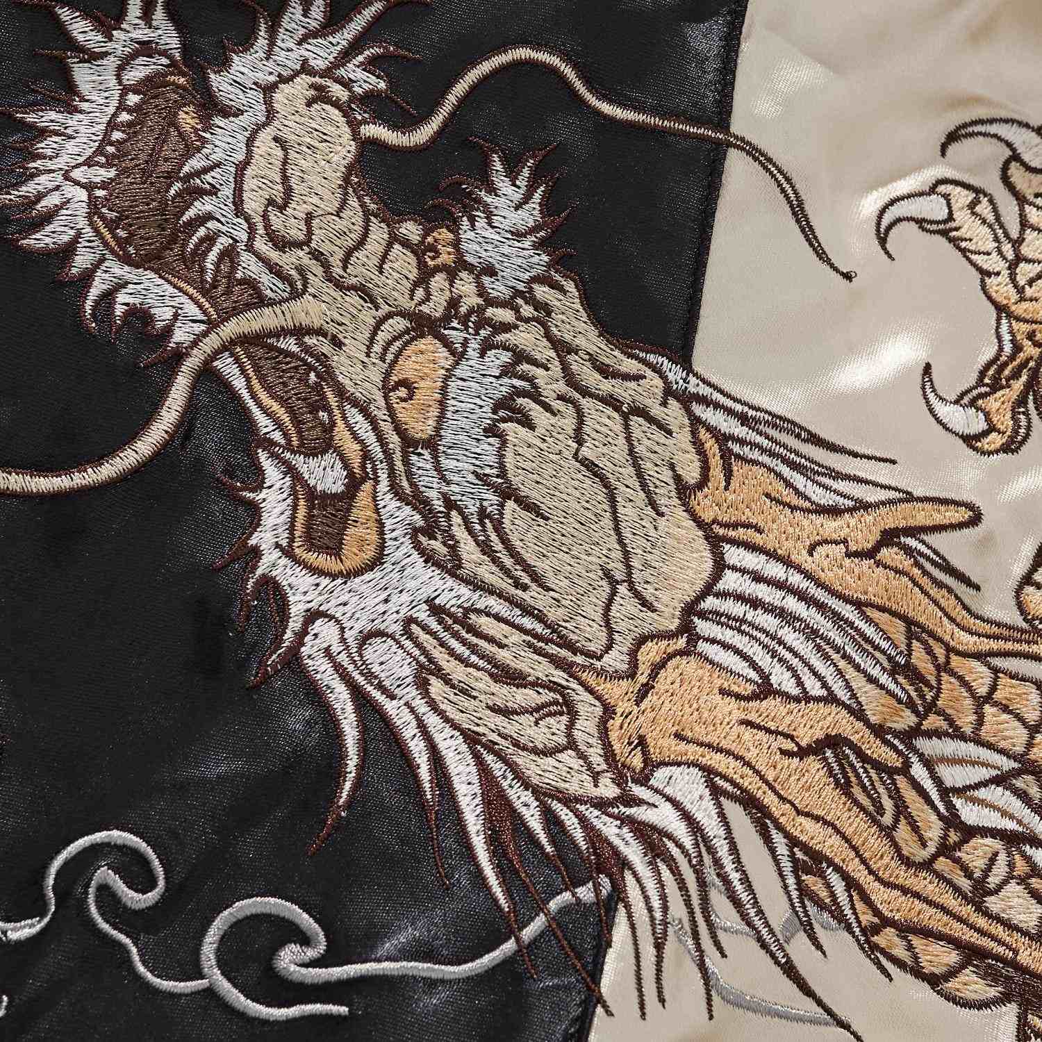 Sleeve detail—coiled dragon head, whiskers, and scales.