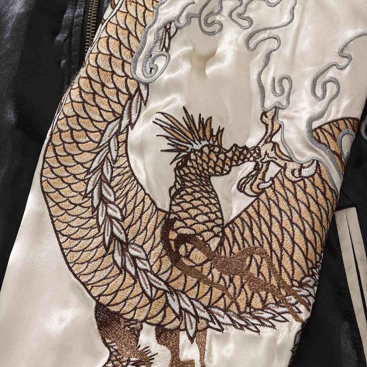 Sleeve embroidery—dragon scales and curling clouds.