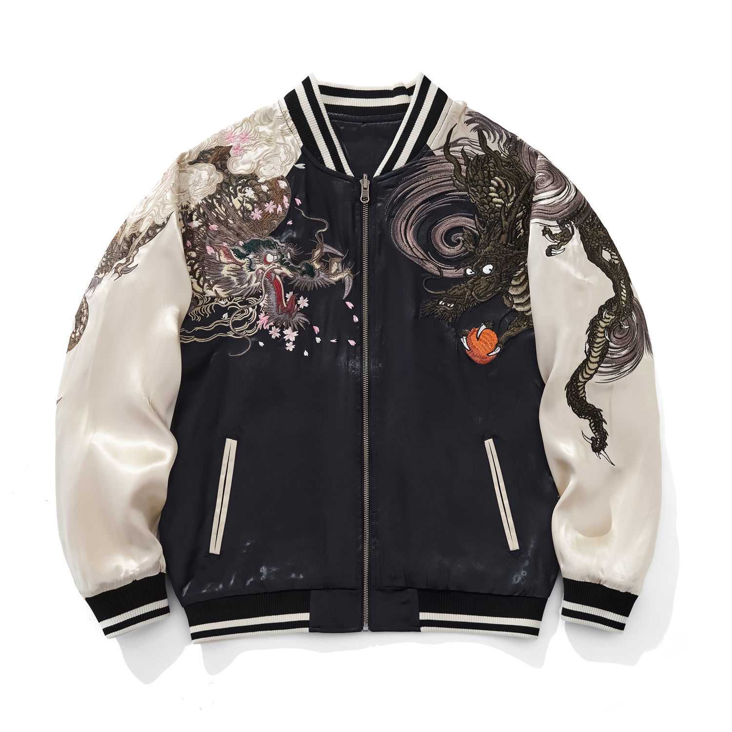 Front view of beige Twin Dragons & Sakura embroidered sukajan jacket, showcasing Japanese dragon and cherry blossom artwork.