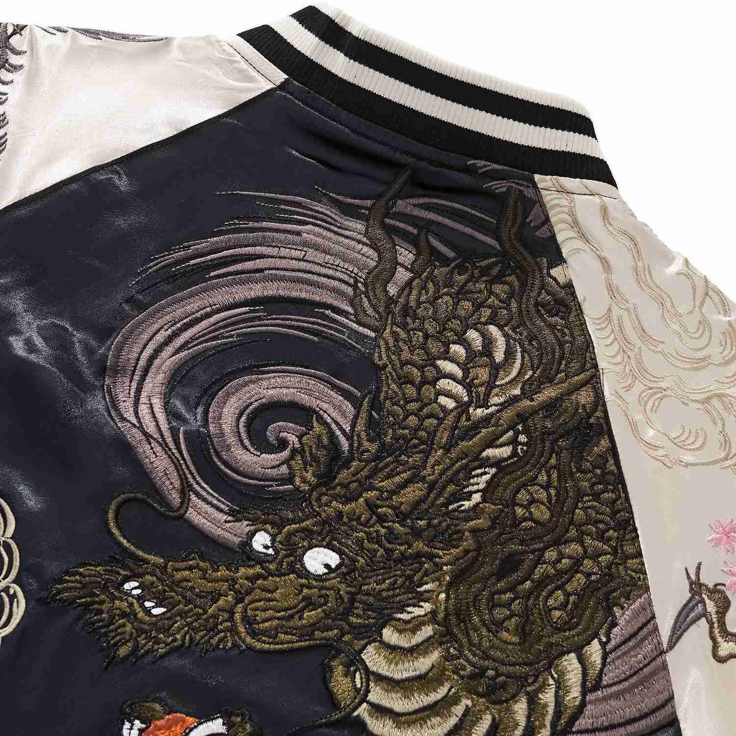 Macro detail of swirling clouds and dragon head embroidery on beige Twin Dragons & Sakura Japanese sukajan.