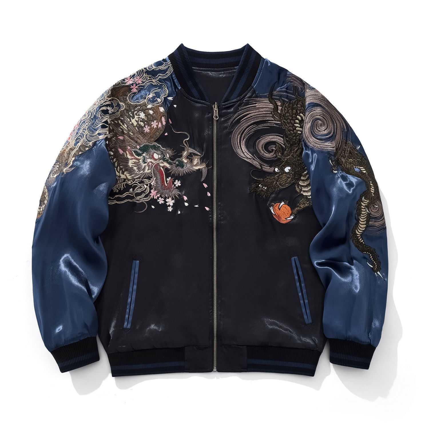 Front view of navy Twin Dragons & Sakura embroidered sukajan bomber jacket with dragons and sakura on chest and sleeves.