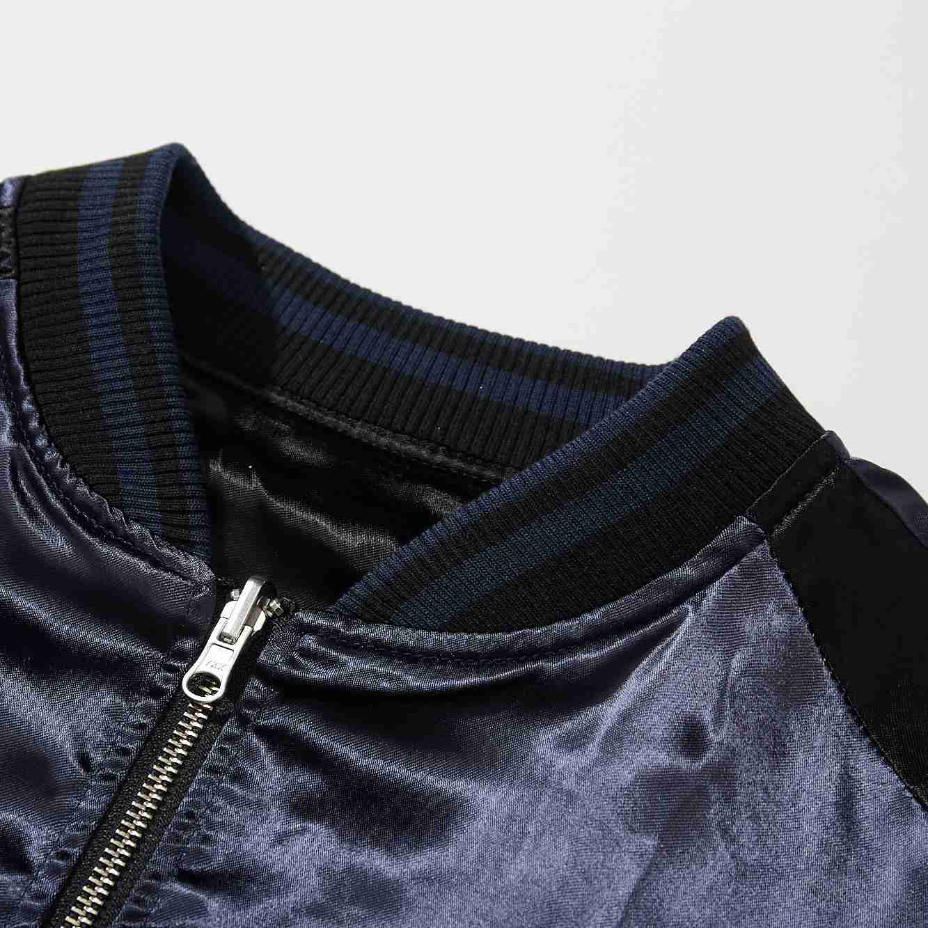 Rib-knit collar with navy stripes and front zipper top.