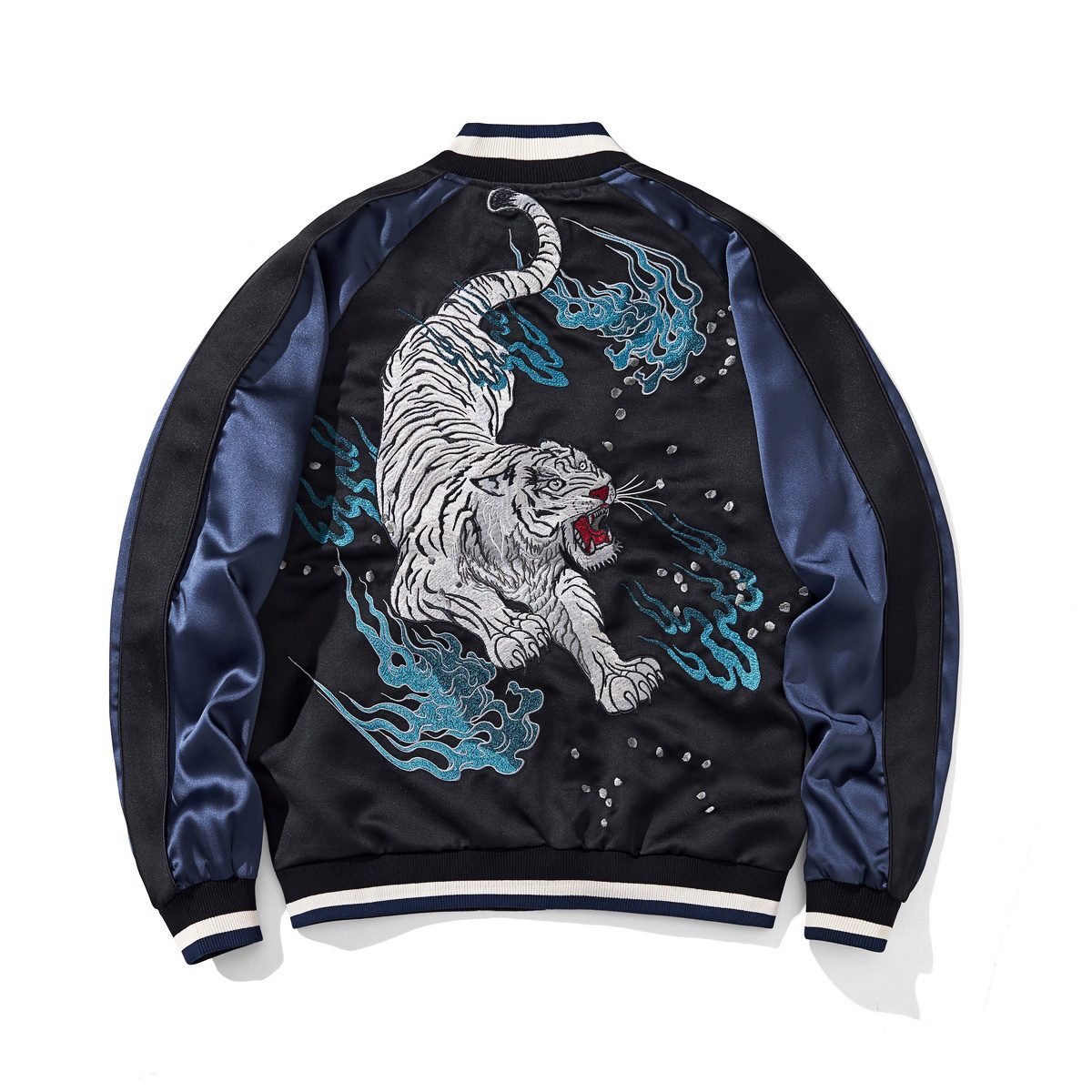 Back view featuring a roaring white tiger surrounded by blue flames