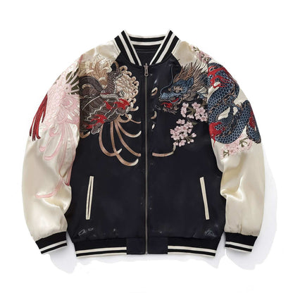 Beige sleeves front view with phoenix, dragon and floral motifs.