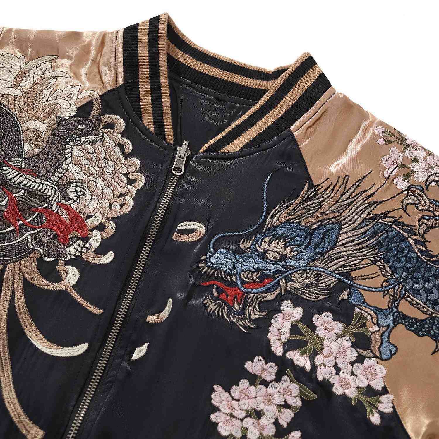 Chest detail — blue dragon head with sakura blossoms.