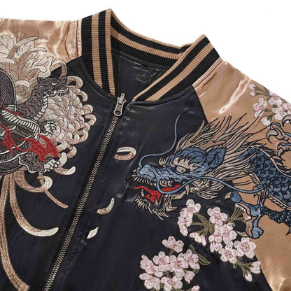 Chest detail — blue dragon head with sakura blossoms.