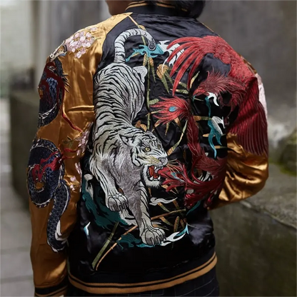 On-body — gold sleeves back view; White Tiger confronting Vermilion Bird.