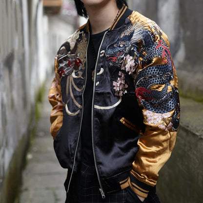 On-body — gold sleeves front view; blue dragon and phoenix with sakura motifs on sleeves.