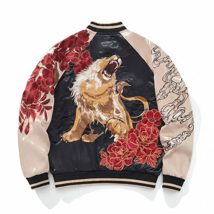 Back view — beige sleeves; full-body lion at center with red peonies; cloudline embroidery on right sleeve.