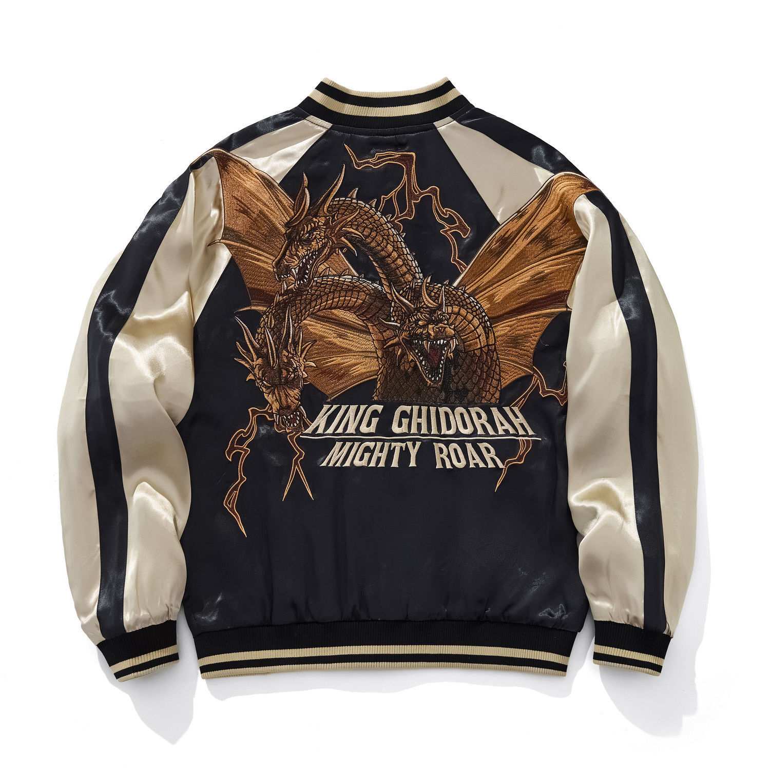 Back view of beige color sukajan jacket with King Ghidorah Mighty Roar embroidery.