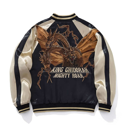 Back view of beige color sukajan jacket with King Ghidorah Mighty Roar embroidery.