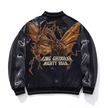 Back view of gray color sukajan jacket with King Ghidorah Mighty Roar graphic.