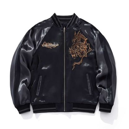 Front view of gray color sukajan jacket with King Ghidorah chest motif.