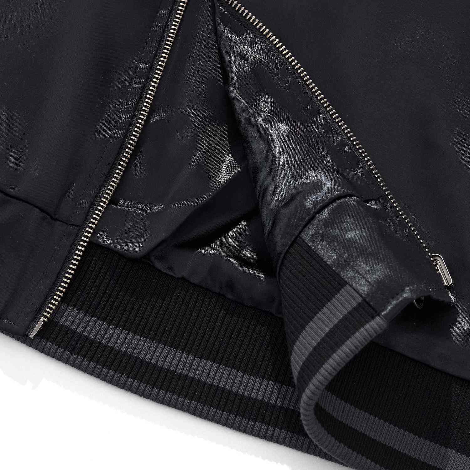 Jacket hem and lining close-up with striped rib.