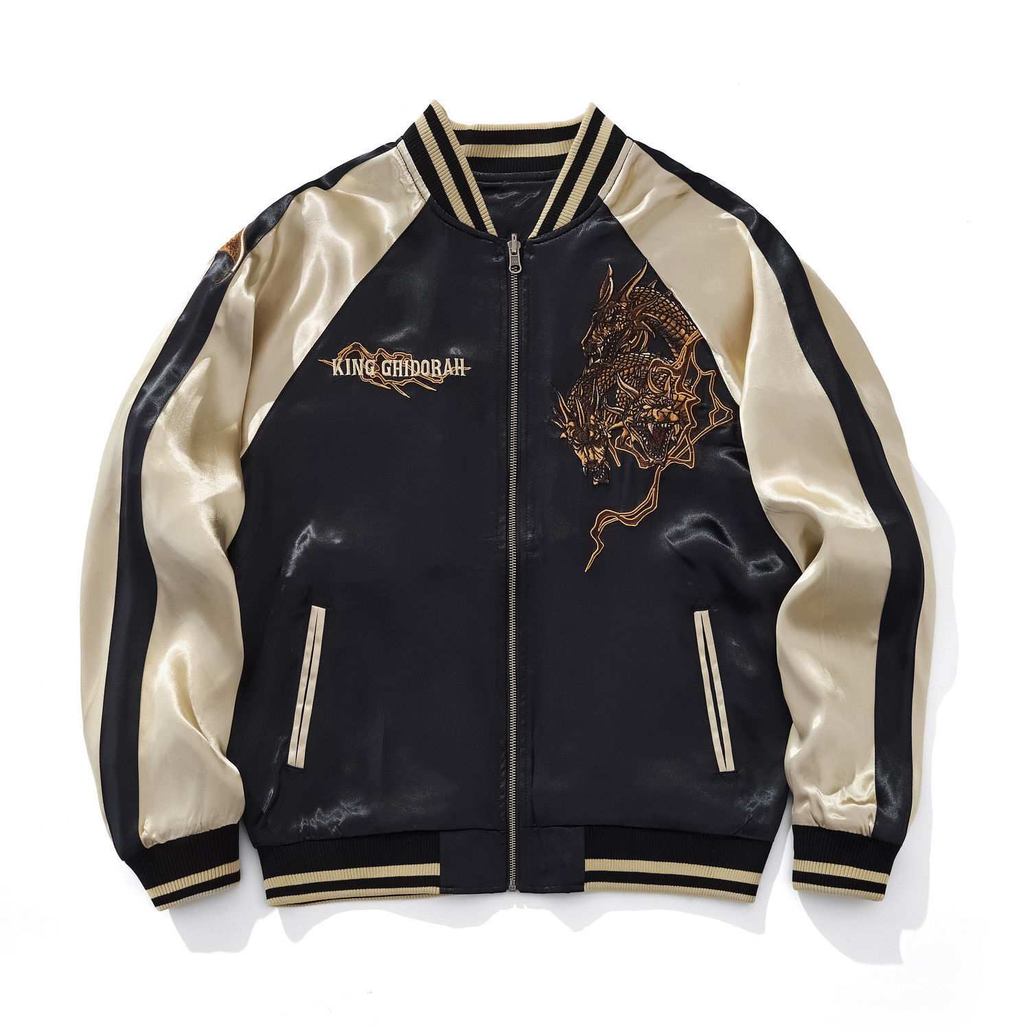 Front view of beige color sukajan jacket with King Ghidorah chest motif.