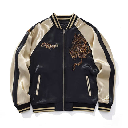 Front view of beige color sukajan jacket with King Ghidorah chest motif.