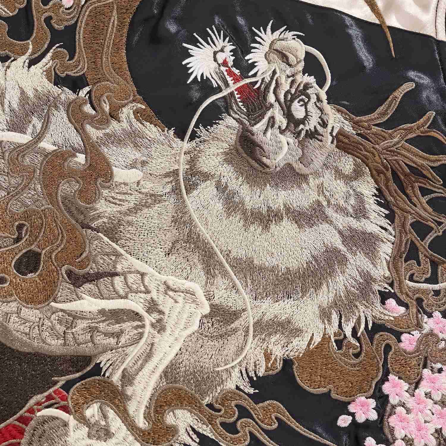 Kirin head with antlers and whiskers; pink sakura and smoke around the moon.