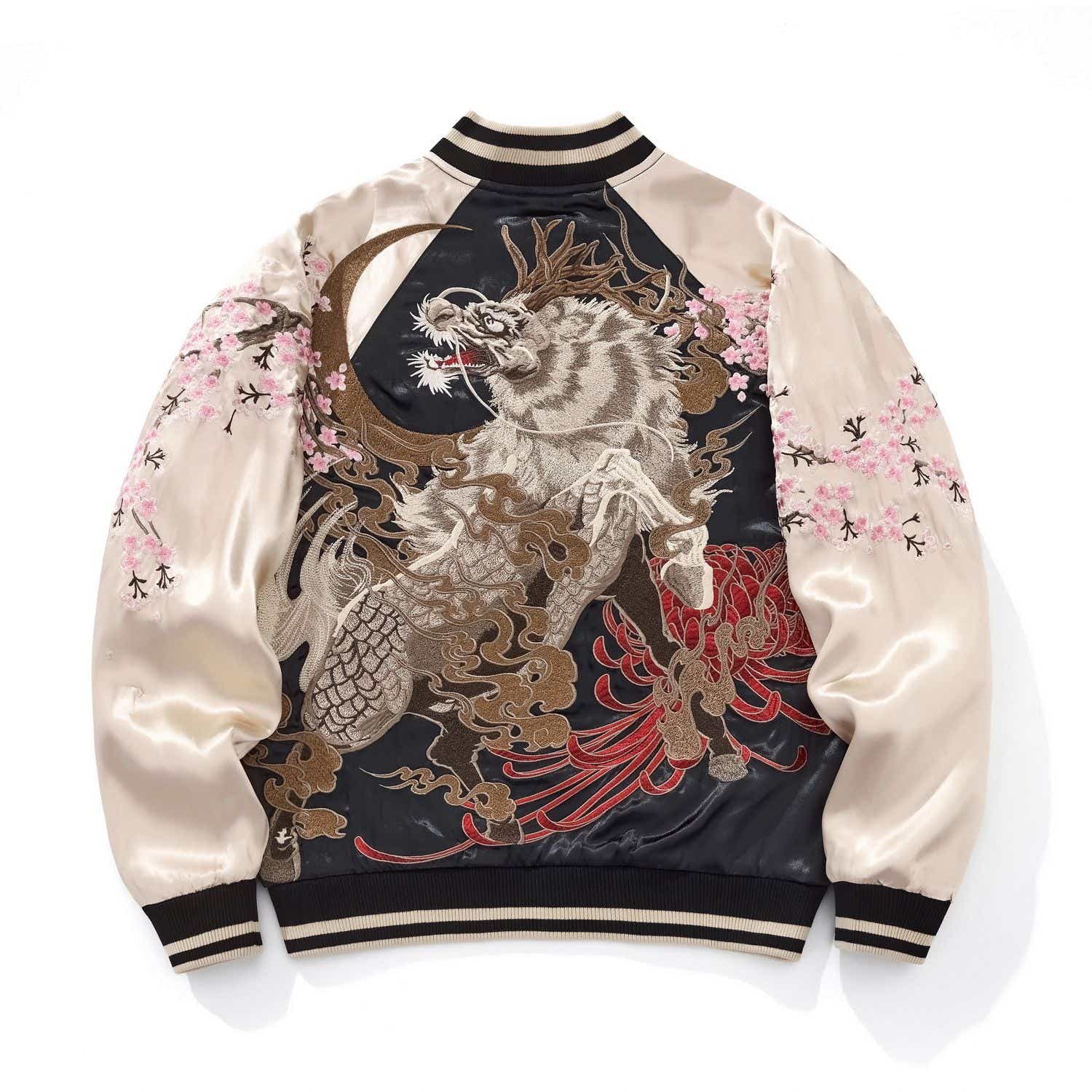 Back view — beige sleeves; roaring kirin beneath crescent moon; red chrysanthemum accents; sakura on sleeves.