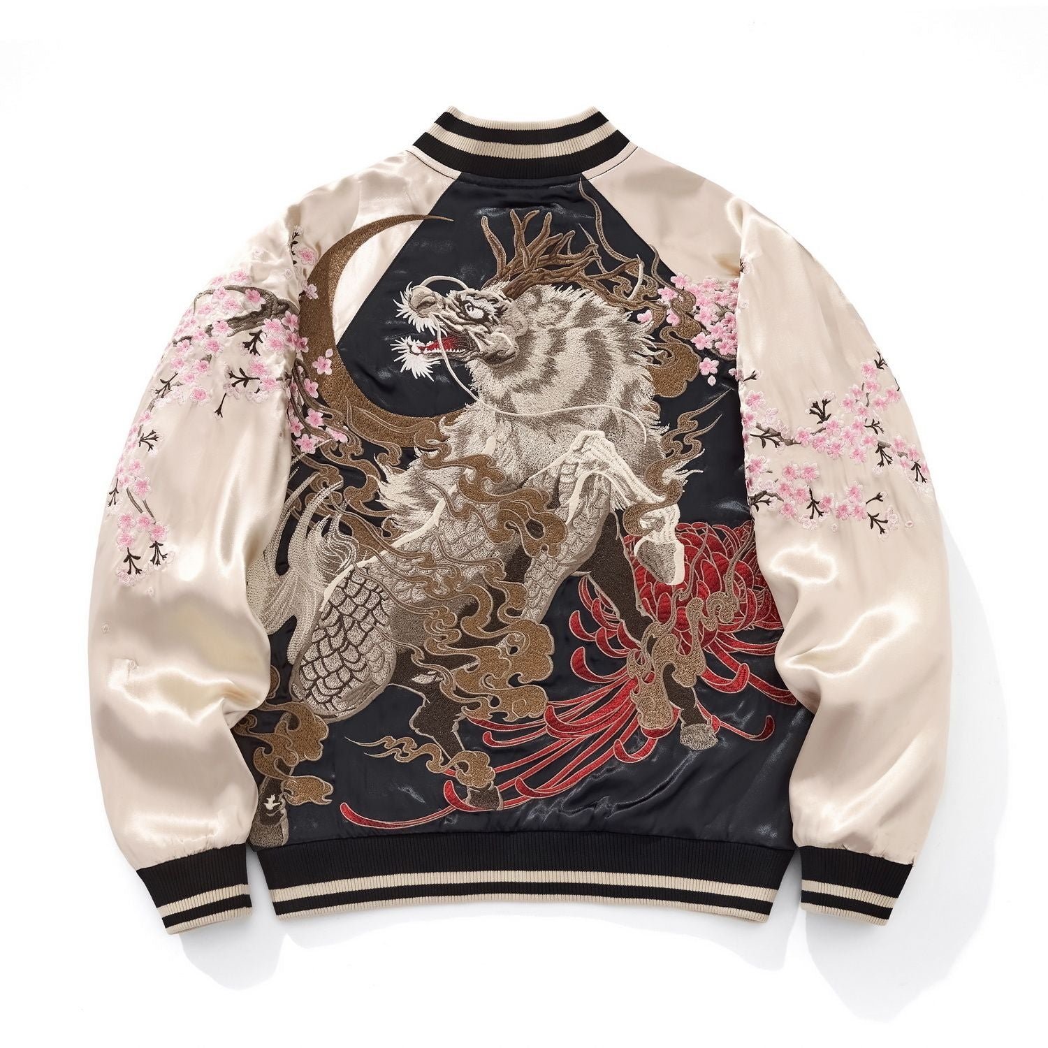 Back view — beige sleeves; roaring kirin beneath crescent moon; red chrysanthemum accents; sakura on sleeves.