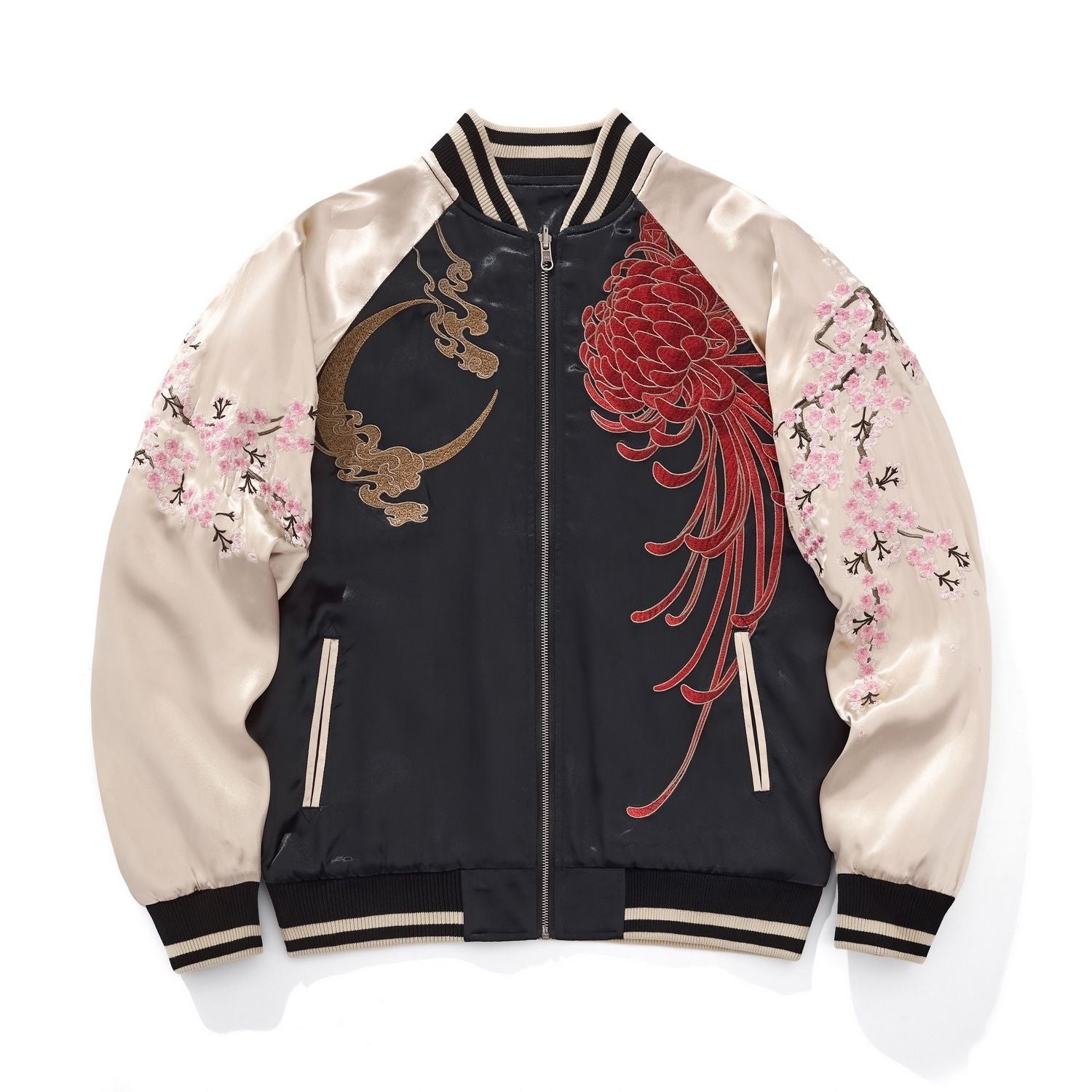 Front view — beige sleeves; crescent moon with cloud scrolls at left chest; large red chrysanthemum on right; sakura along sleeves.