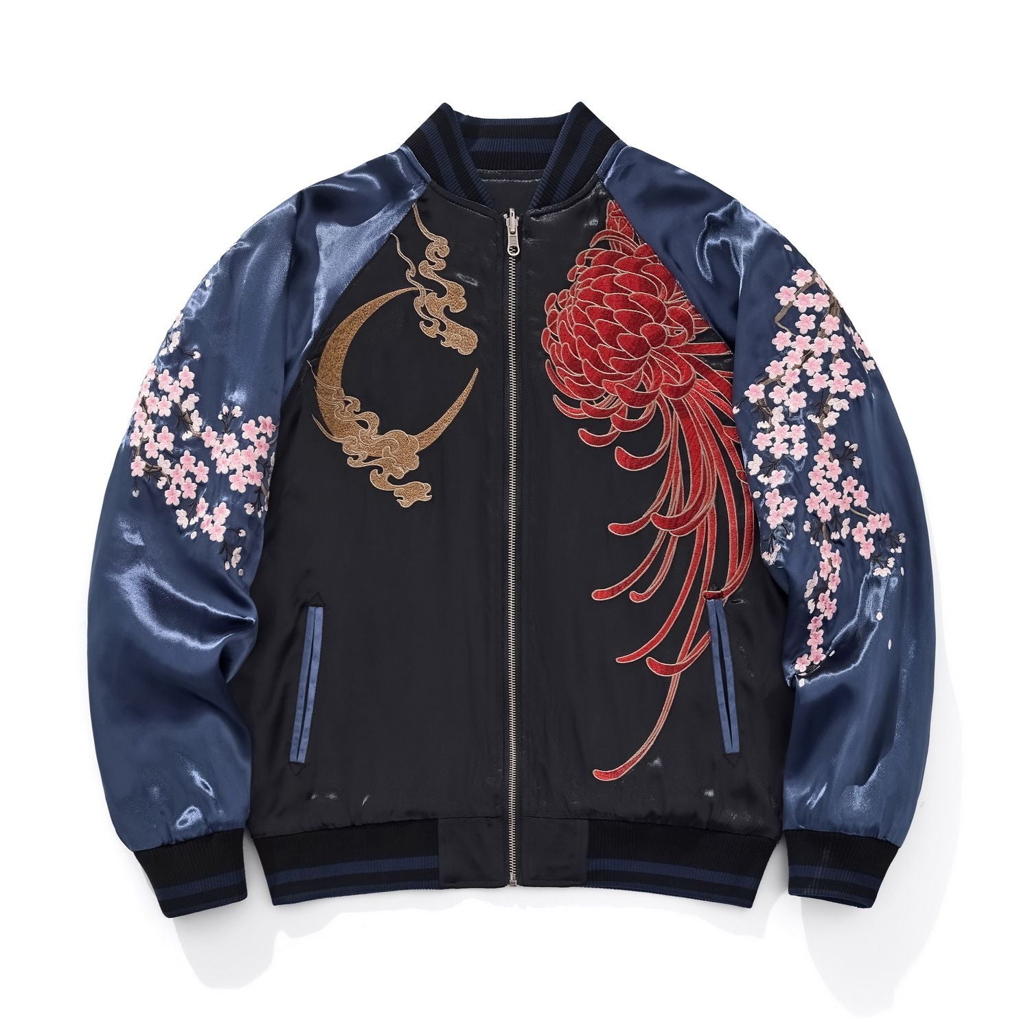 Front view — navy sleeves; crescent moon at left chest; flowing red chrysanthemum on right; sakura blossoms on sleeves.