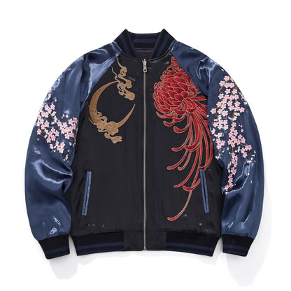 Front view — navy sleeves; crescent moon at left chest; flowing red chrysanthemum on right; sakura blossoms on sleeves.