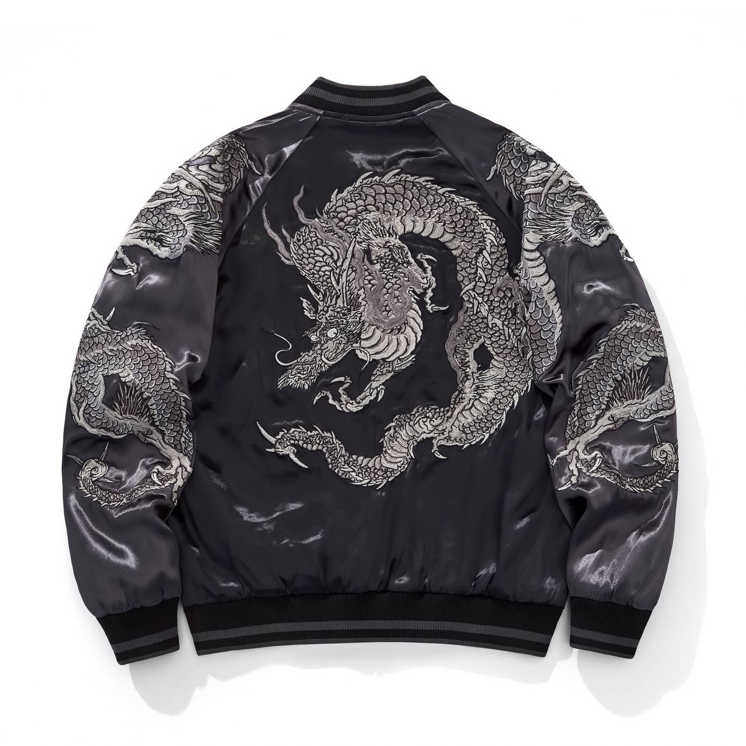 Back view of gray color sukajan jacket with large monochrome coiling dragon.