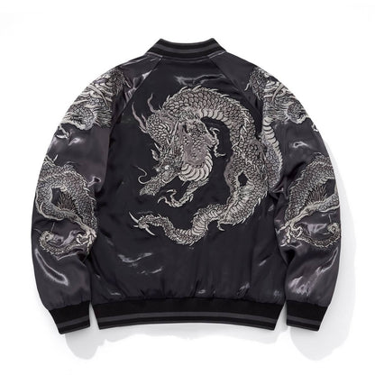Back view of gray color sukajan jacket with large monochrome coiling dragon.