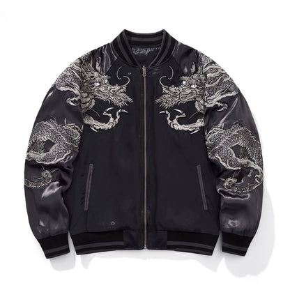 Front view of gray color sukajan jacket with twin dragon embroidery and clean zip front.