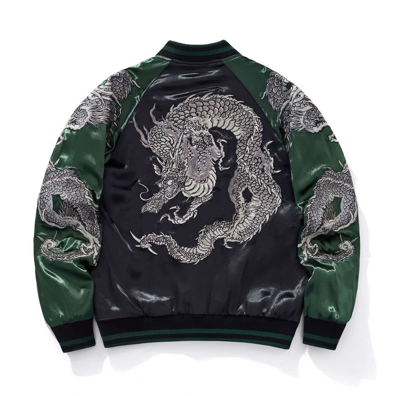 Back view of green color sukajan jacket featuring a coiling dragon embroidery.