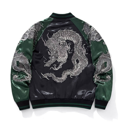 Back view of green color sukajan jacket featuring a coiling dragon embroidery.