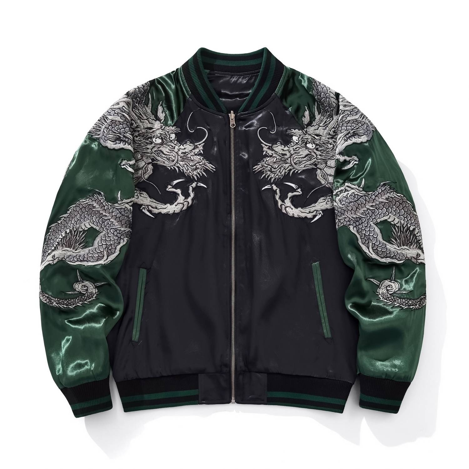 Front view of green color sukajan jacket showing mirrored dragon motifs on chest and sleeves.