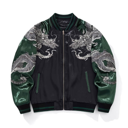 Front view of green color sukajan jacket showing mirrored dragon motifs on chest and sleeves.