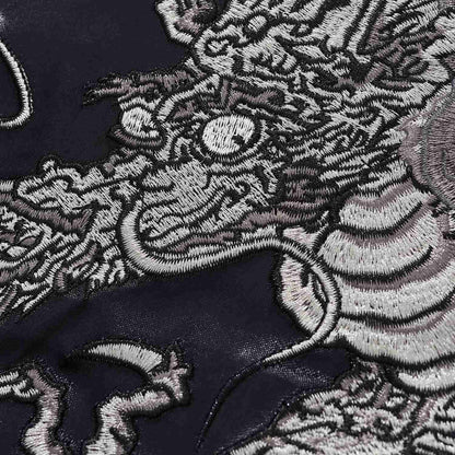 Dragon eye and snout embroidery macro showing dense stitching.