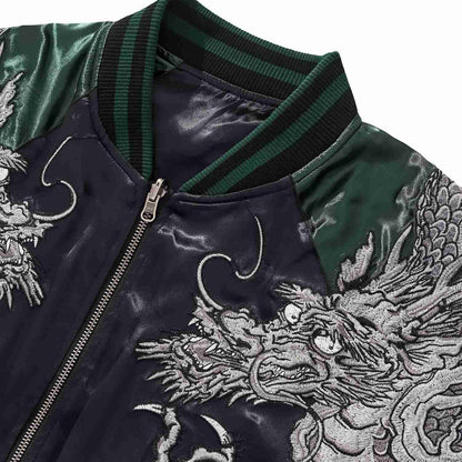 Front collar and chest detail with twin dragon embroidery and YKK zipper.