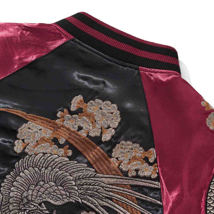 Back shoulder detail with phoenix halo and blossoms.